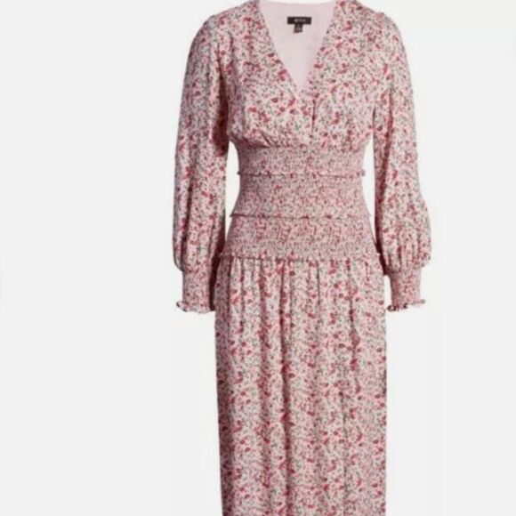 AFRM Dresses & Skirts - AFRM Hazel Floral Long Sleeve Smocked Midi Dress In Baby Pink Ditsy Size M
